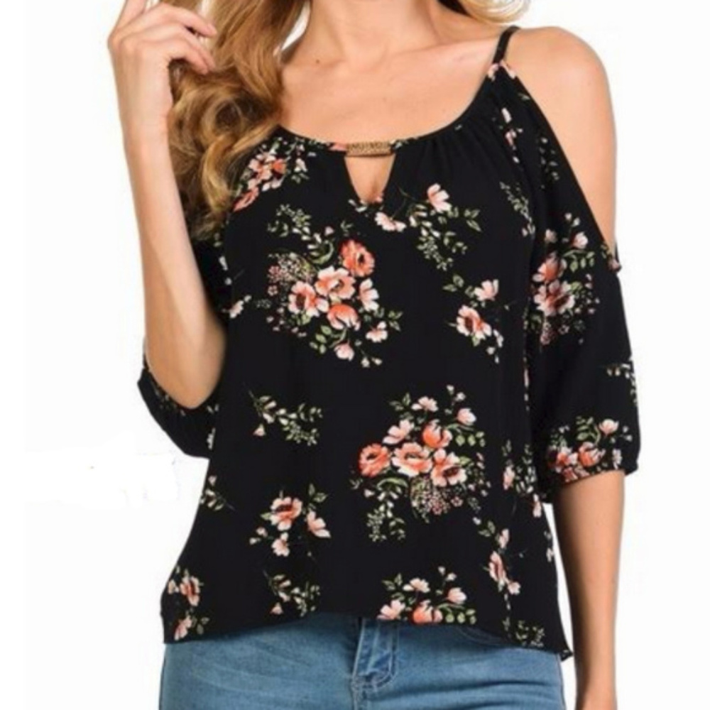 Women's Off Shoulder top  Floral Print Black